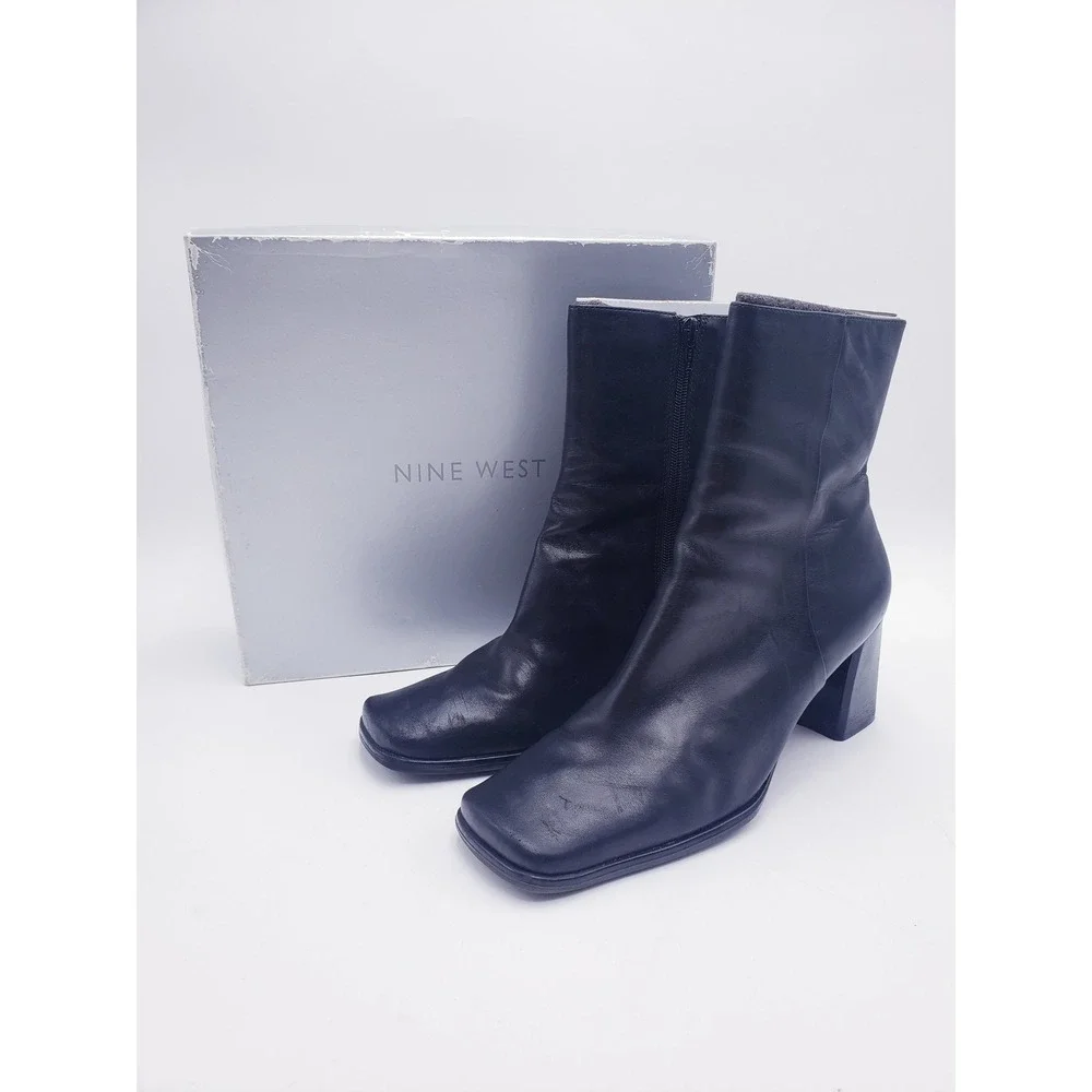 Nine West Zamir Black Leather Square Toe Block Heel Ankle Boots Womens Size 10
